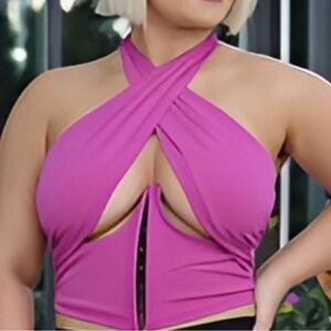 Cross Halter Zip-Front Crop Top in Magenta